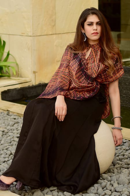 Studio Surbhi_Black Georgette, Satin Collared Printed Drape Dupatta And Skirt Set _at_Aza_Fashions