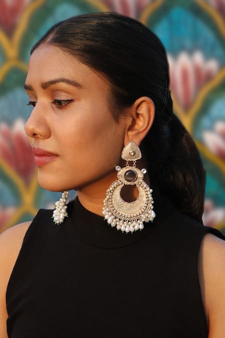 Arnimaa_Silver Plated Stones, Pearls Embellished Long Earrings _Online_at_Aza_Fashions