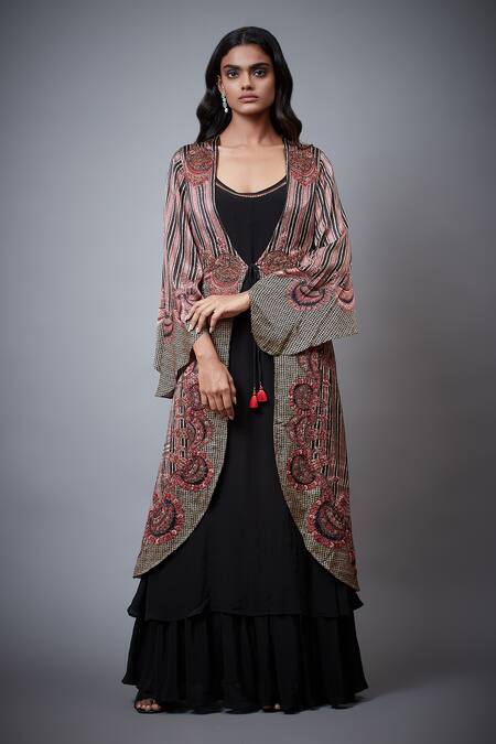 RI.Ritu Kumar_Pink Jacket - Viscose Satin Modal And Dress - Rayon Crepe Print & Malisha & _Online_at_Aza_Fashions