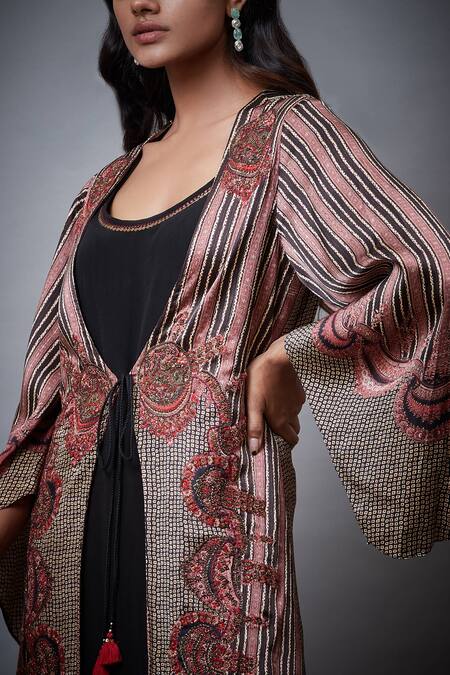 Shop_RI.Ritu Kumar_Pink Jacket - Viscose Satin Modal And Dress - Rayon Crepe Print & Malisha & _Online_at_Aza_Fashions