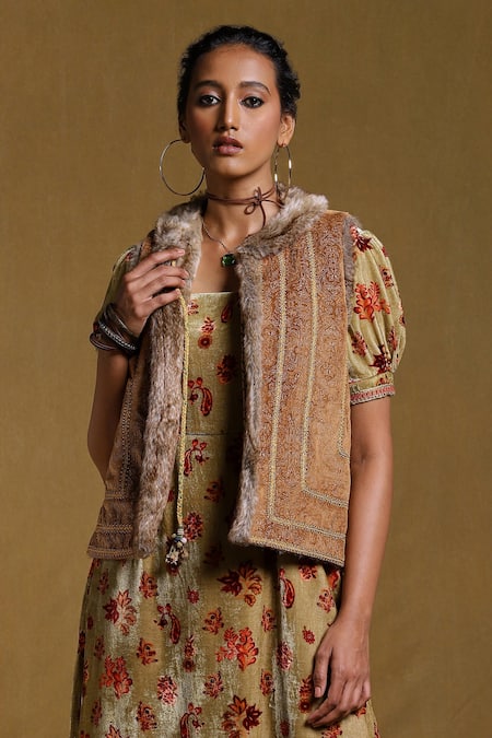 Ritu Kumar_Brown Suede Floral Open Embroidered Fur Jacket _Online_at_Aza_Fashions