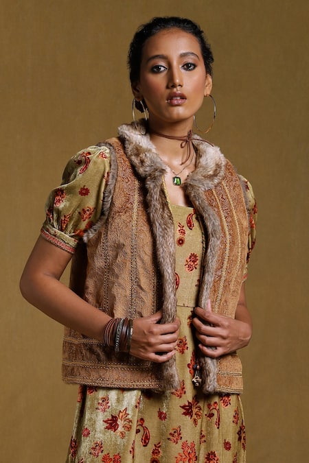 Buy_Ritu Kumar_Brown Suede Floral Open Embroidered Fur Jacket _Online_at_Aza_Fashions