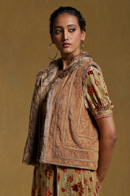 Shop_Ritu Kumar_Brown Suede Floral Open Embroidered Fur Jacket _Online_at_Aza_Fashions