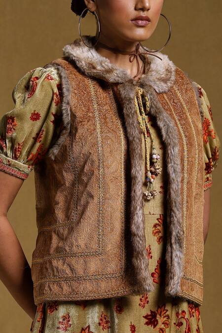 Ritu Kumar_Brown Suede Floral Open Embroidered Fur Jacket _at_Aza_Fashions