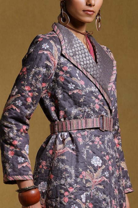 Ritu Kumar_Black Cotton Bookley Floral Oversize Lapel Print Long Jacket _at_Aza_Fashions