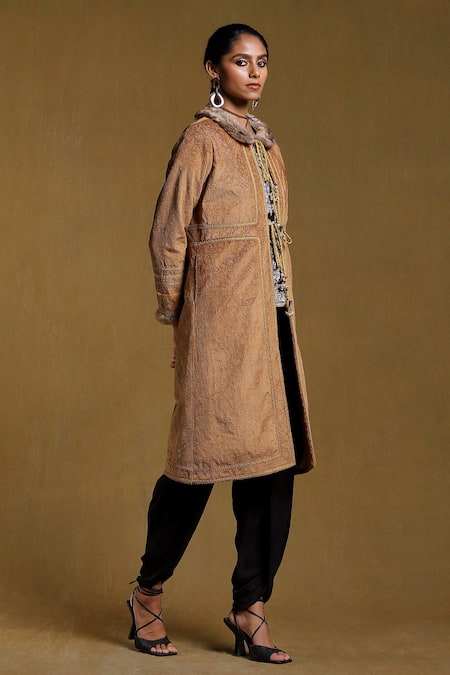 Buy_Ritu Kumar_Brown Suede Floral Open Embroidered Long Fur Jacket _Online_at_Aza_Fashions