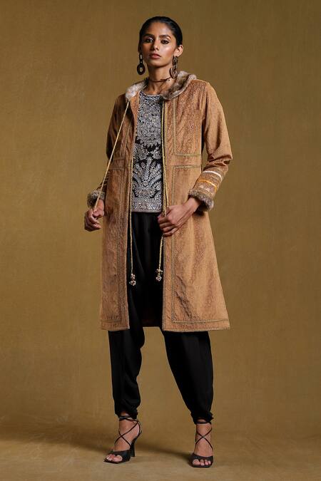 Shop_Ritu Kumar_Brown Suede Floral Open Embroidered Long Fur Jacket _Online_at_Aza_Fashions