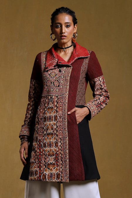 Ritu Kumar_Black Viscose Crepe Geometric Asymmetric Collar Print Long Jacket _Online_at_Aza_Fashions