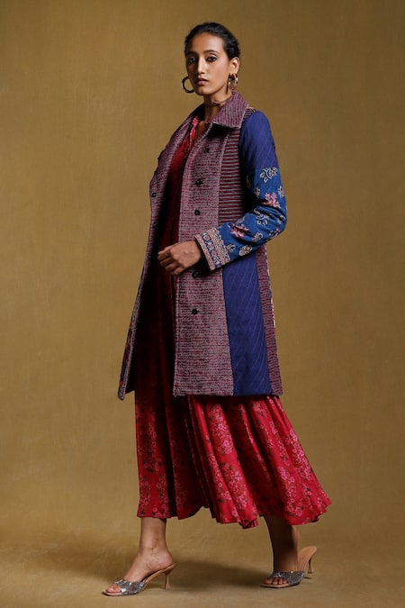 Ritu Kumar_Blue Viscose Crepe Paisley Asymmetric Collar Print Long Jacket _Online_at_Aza_Fashions