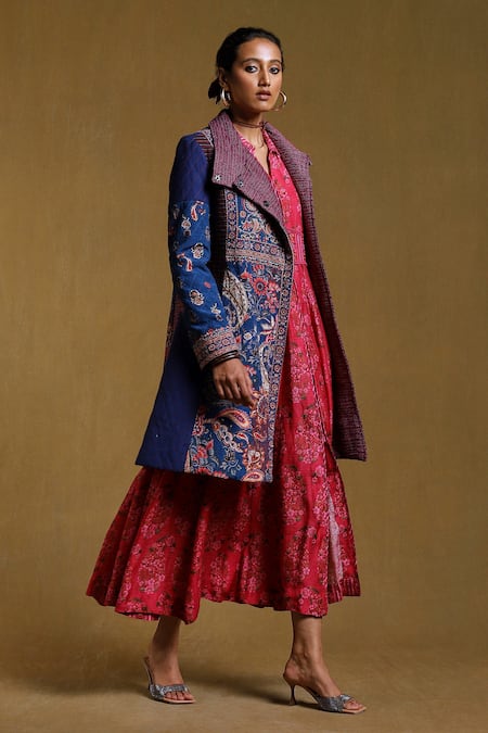 Buy_Ritu Kumar_Blue Viscose Crepe Paisley Asymmetric Collar Print Long Jacket _Online_at_Aza_Fashions