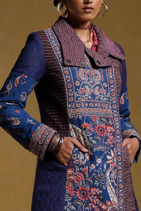 Shop_Ritu Kumar_Blue Viscose Crepe Paisley Asymmetric Collar Print Long Jacket _Online_at_Aza_Fashions
