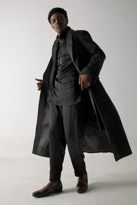 Shop Jatin Malik Black Modal, Rayon Embroidery Overcoat With Kurta Set Online at Aza Fashions Shop_Jatin Malik_Black Modal, Rayon Embroidery Overcoat With Kurta Set _Online_at_Aza_Fashions