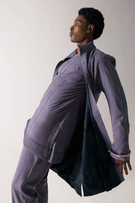 Shop_Jatin Malik_Purple Bamboo Embroidery French Knot Overcoat _Online_at_Aza_Fashions