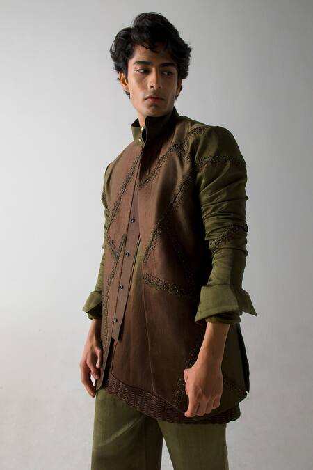 Jatin Malik Brown Linen, Silk Embroidery Ombre Farisha Shacket Online at Aza Fashions Jatin Malik_Brown Linen, Silk Embroidery Ombre Farisha Shacket _Online_at_Aza_Fashions