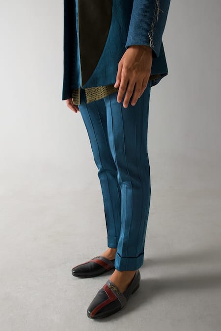 Jatin Malik_Blue Linen, Silk Pintuck Trouser _Online_at_Aza_Fashions