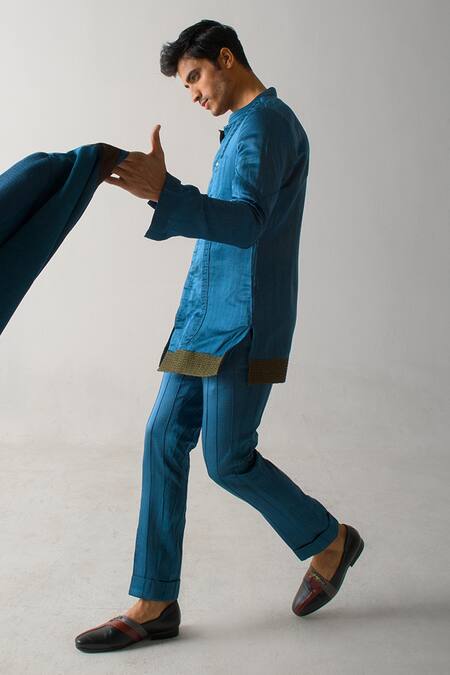 Buy_Jatin Malik_Blue Linen, Silk Pintuck Trouser _Online_at_Aza_Fashions