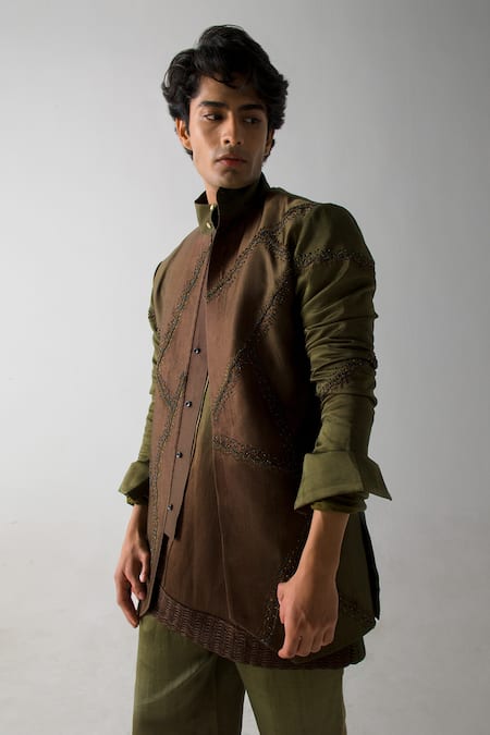 Jatin Malik_Green Linen, Silk Embroidery Band Collar Ombre Kurta _Online_at_Aza_Fashions