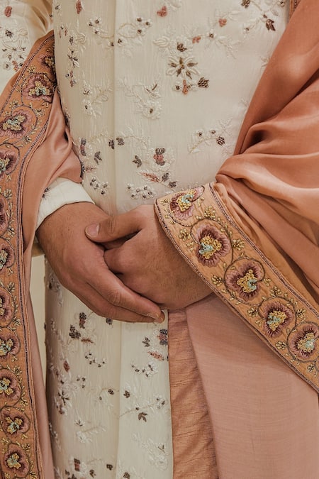 Jatin Malik_White Linen, Silk Embroidery Zari Sherwani Set _Online_at_Aza_Fashions