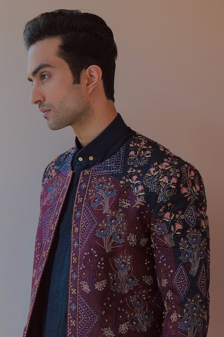 Jatin Malik Blue Silk Embroidery, Zari Zardozi Floral Jacket Kurta Set Online at Aza Fashions Jatin Malik_Blue Silk Embroidery, Zari Zardozi Floral Jacket Kurta Set _Online_at_Aza_Fashions