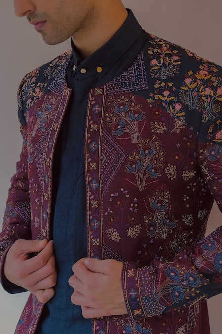 Buy Jatin Malik Blue Silk Embroidery, Zari Zardozi Floral Jacket Kurta Set Online at Aza Fashions Buy_Jatin Malik_Blue Silk Embroidery, Zari Zardozi Floral Jacket Kurta Set _Online_at_Aza_Fashions