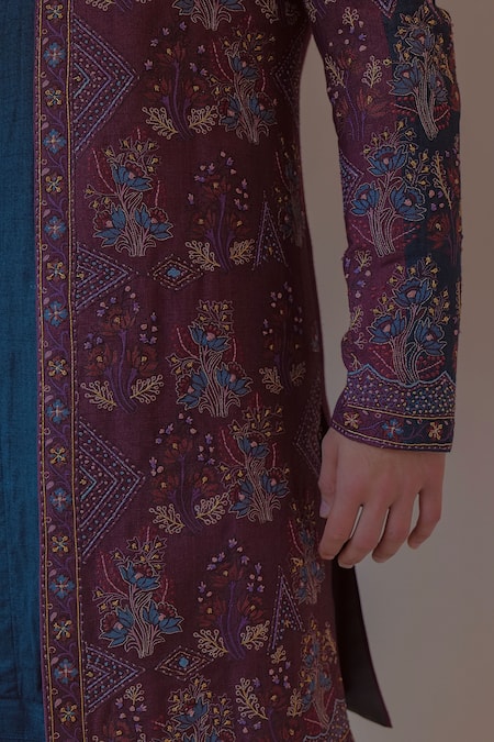 Shop Jatin Malik Blue Silk Embroidery, Zari Zardozi Floral Jacket Kurta Set Online at Aza Fashions Shop_Jatin Malik_Blue Silk Embroidery, Zari Zardozi Floral Jacket Kurta Set _Online_at_Aza_Fashions