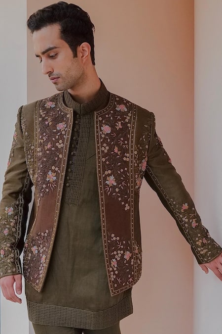 Jatin Malik Green Linen, Silk Embroidery, Zari Dolce Floral Jacket Kurta Set Online at Aza Fashions Jatin Malik_Green Linen, Silk Embroidery, Zari Dolce Floral Jacket Kurta Set _Online_at_Aza_Fashions