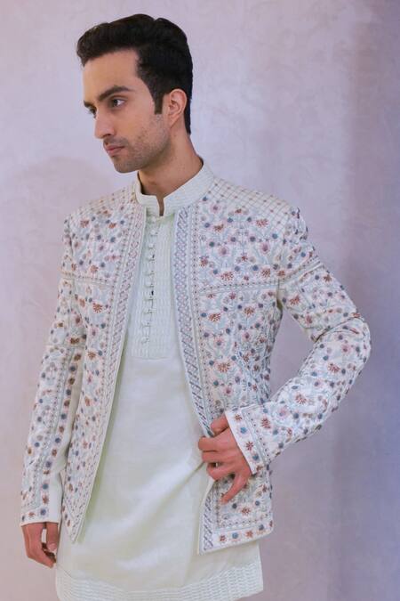 Jatin Malik_Blue Linen, Silk Embroidery, Zari Mughal Pattern Jacket Kurta Set _Online_at_Aza_Fashions