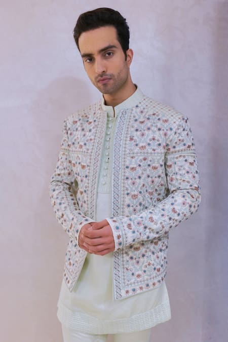 Buy_Jatin Malik_Blue Linen, Silk Embroidery, Zari Mughal Pattern Jacket Kurta Set _Online_at_Aza_Fashions