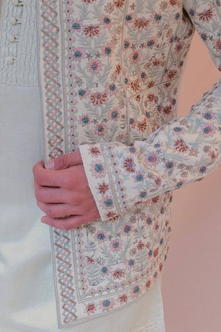 Shop_Jatin Malik_Blue Linen, Silk Embroidery, Zari Mughal Pattern Jacket Kurta Set _Online_at_Aza_Fashions