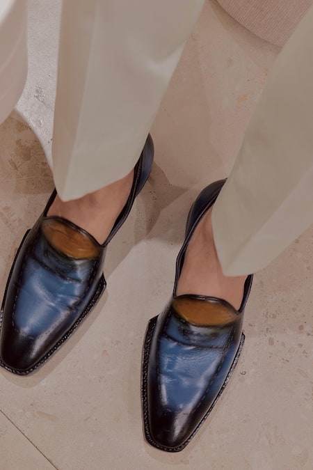 Jatin Malik_Blue Linen, Silk Embroidery, Zari Mughal Pattern Jacket Kurta Set _at_Aza_Fashions