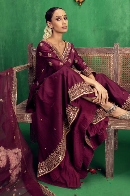 Jigar Mali_Wine Chanderi, Organza Sequins, Embroidery V-neck Dori Kurta Sharara Set_Online_at_Aza_Fashions