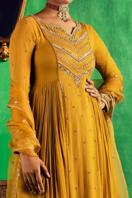 Jigar Mali_Yellow Georgette, Organza, Satin Zari, Sequins, Embroidery Split Anarkali Set_Online_at_Aza_Fashions