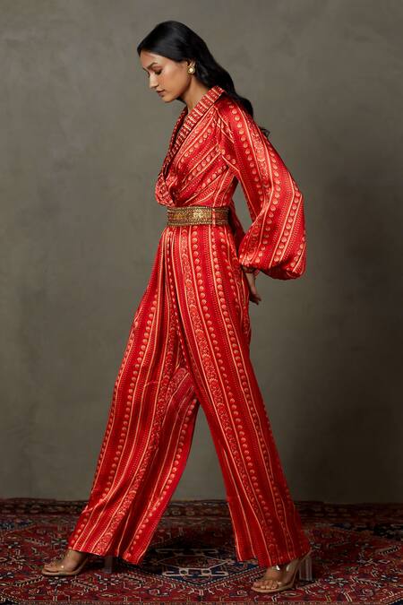 RI.Ritu Kumar_Red Viscose Printed Zardozi Shawl Collar Kylie Floral Embroidered Jumpsuit _Online_at_Aza_Fashions