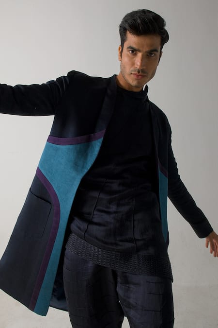 Jatin Malik_Blue Linen, Silk Patchwork Overcoat With Kurta Set _Online_at_Aza_Fashions