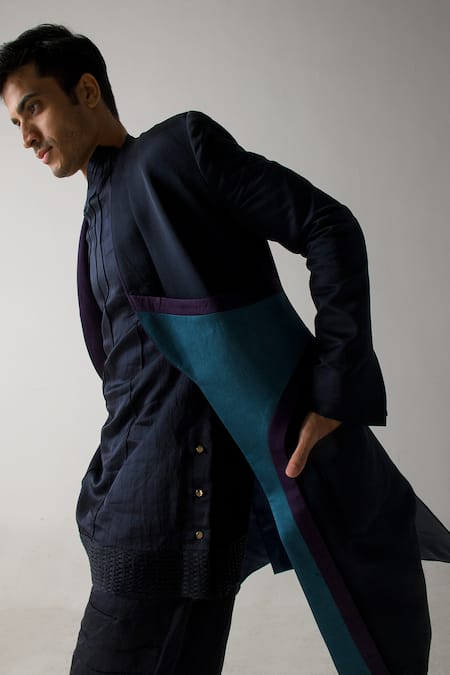 Buy_Jatin Malik_Blue Linen, Silk Patchwork Overcoat With Kurta Set _Online_at_Aza_Fashions