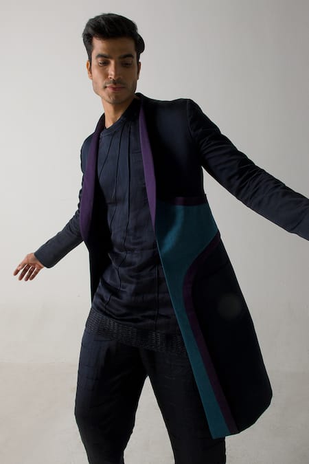 Shop_Jatin Malik_Blue Linen, Silk Patchwork Overcoat With Kurta Set _Online_at_Aza_Fashions