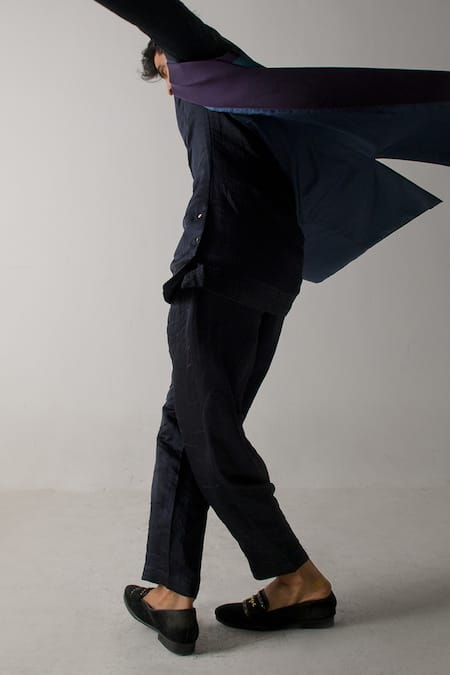 Jatin Malik_Blue Linen, Silk Patchwork Overcoat With Kurta Set _at_Aza_Fashions