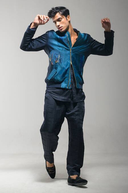 Jatin Malik_Blue Linen, Silk Embroidery Bomber Jacket With Kurta Set _Online_at_Aza_Fashions