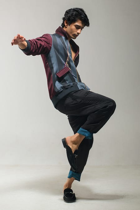 Jatin Malik_Grey Linen, Silk Embroidery Bomber Jacket And Trouser Set _Online_at_Aza_Fashions