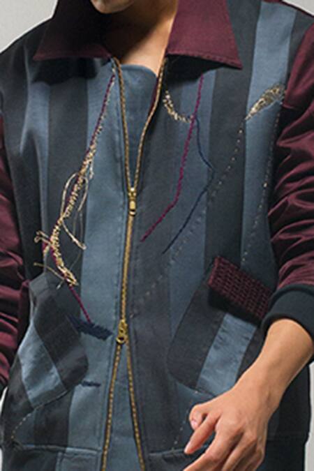 Buy_Jatin Malik_Grey Linen, Silk Embroidery Bomber Jacket And Trouser Set _Online_at_Aza_Fashions