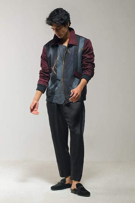 Shop_Jatin Malik_Grey Linen, Silk Embroidery Bomber Jacket And Trouser Set _Online_at_Aza_Fashions