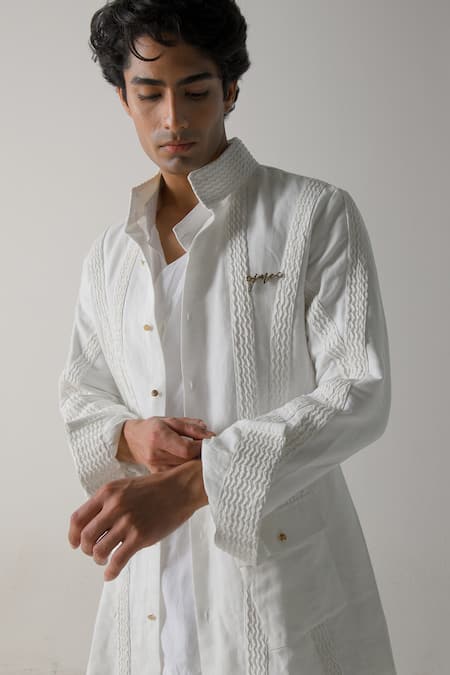 Jatin Malik Ivory Cotton, Linen Embroidery Vertical Striped Shacket With Kurta Set Online at Aza Fashions Jatin Malik_Ivory Cotton, Linen Embroidery Vertical Striped Shacket With Kurta Set _Online_at_Aza_Fashions