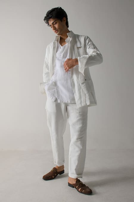 Shop Jatin Malik Ivory Cotton, Linen Embroidery Vertical Striped Shacket With Kurta Set Online at Aza Fashions Shop_Jatin Malik_Ivory Cotton, Linen Embroidery Vertical Striped Shacket With Kurta Set _Online_at_Aza_Fashions