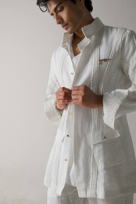 Jatin Malik Ivory Cotton, Linen Embroidery Vertical Striped Shacket With Kurta Set at Aza Fashions Jatin Malik_Ivory Cotton, Linen Embroidery Vertical Striped Shacket With Kurta Set _at_Aza_Fashions