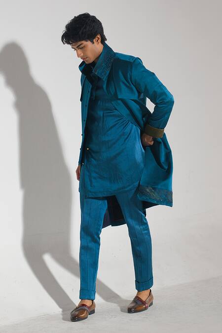 Shop_Jatin Malik_Blue Linen, Silk Overcoat With Kurta Set _Online_at_Aza_Fashions