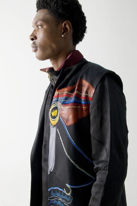 Buy_Jatin Malik_Black Modal, Rayon Embroidery Hand Overcoat With Kurta Set _Online_at_Aza_Fashions