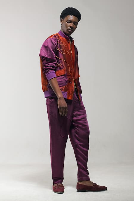 Jatin Malik Orange Linen, Silk Embroidery Bomber Jacket And Trouser Set Online at Aza Fashions Jatin Malik_Orange Linen, Silk Embroidery Bomber Jacket And Trouser Set _Online_at_Aza_Fashions