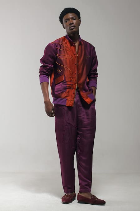 Buy Jatin Malik Orange Linen, Silk Embroidery Bomber Jacket And Trouser Set Online at Aza Fashions Buy_Jatin Malik_Orange Linen, Silk Embroidery Bomber Jacket And Trouser Set _Online_at_Aza_Fashions