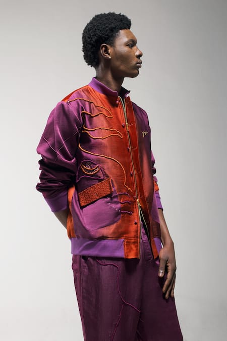 Shop Jatin Malik Orange Linen, Silk Embroidery Bomber Jacket And Trouser Set Online at Aza Fashions Shop_Jatin Malik_Orange Linen, Silk Embroidery Bomber Jacket And Trouser Set _Online_at_Aza_Fashions