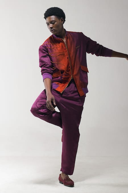 Jatin Malik Orange Linen, Silk Embroidery Bomber Jacket And Trouser Set at Aza Fashions Jatin Malik_Orange Linen, Silk Embroidery Bomber Jacket And Trouser Set _at_Aza_Fashions